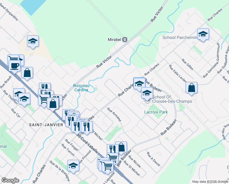 map of restaurants, bars, coffee shops, grocery stores, and more near 13919 Rue Ouellette in Mirabel