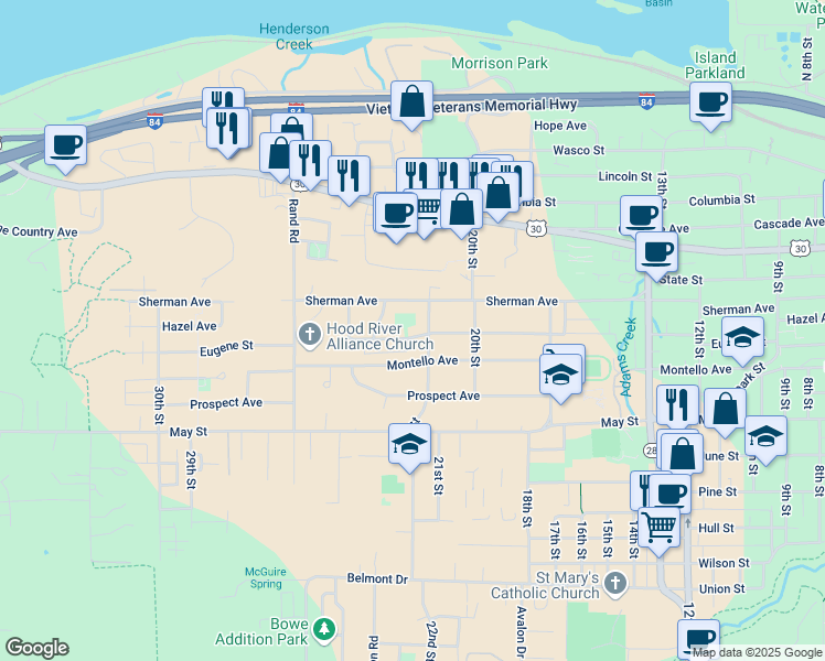 map of restaurants, bars, coffee shops, grocery stores, and more near 2212 Eugene Street in Hood River
