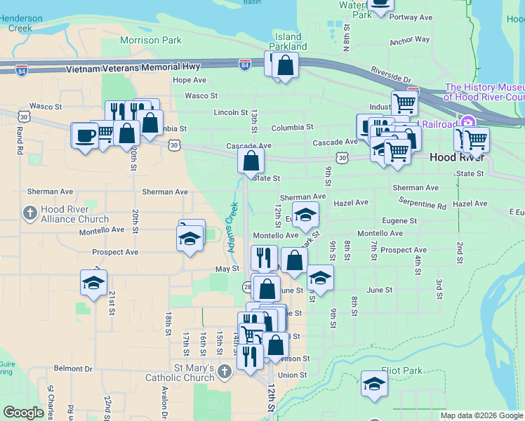 map of restaurants, bars, coffee shops, grocery stores, and more near 1220 Eugene Street in Hood River