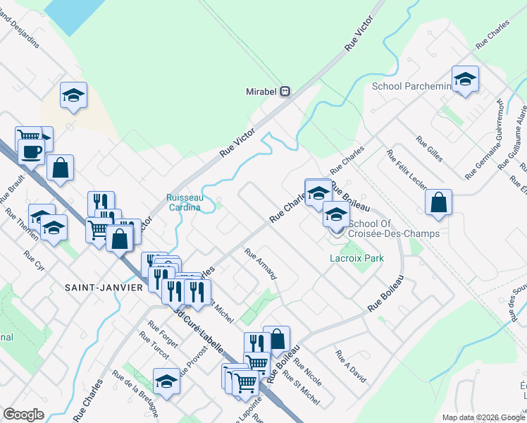 map of restaurants, bars, coffee shops, grocery stores, and more near 13919 Rue Ouellette in Mirabel