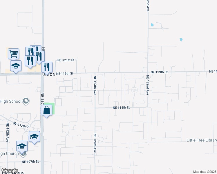 map of restaurants, bars, coffee shops, grocery stores, and more near 11607 Northeast 126th Avenue in Vancouver