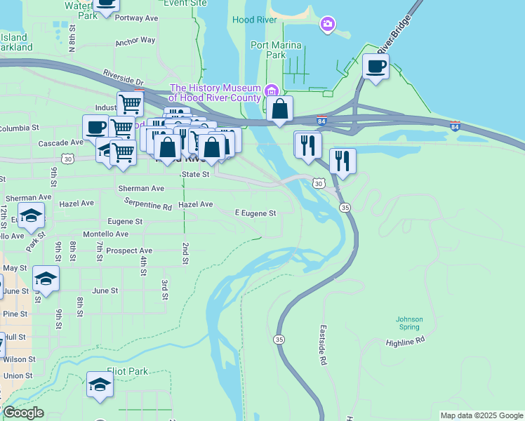 map of restaurants, bars, coffee shops, grocery stores, and more near 218 East Eugene Street in Hood River