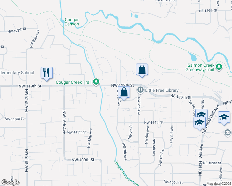map of restaurants, bars, coffee shops, grocery stores, and more near 11800 Northwest 9th Avenue in Vancouver