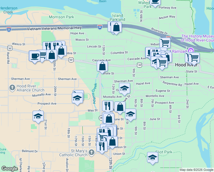 map of restaurants, bars, coffee shops, grocery stores, and more near 1220 Eugene Street in Hood River