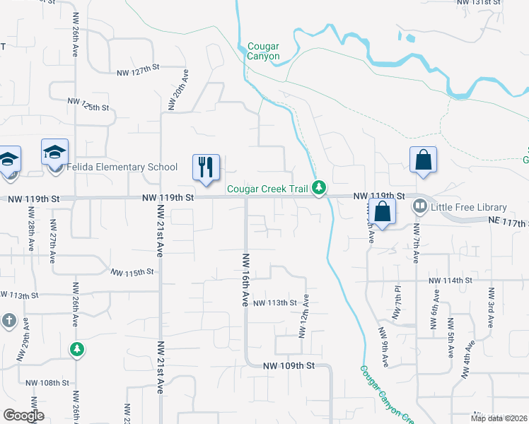 map of restaurants, bars, coffee shops, grocery stores, and more near 1500 Northwest 118th Street in Vancouver