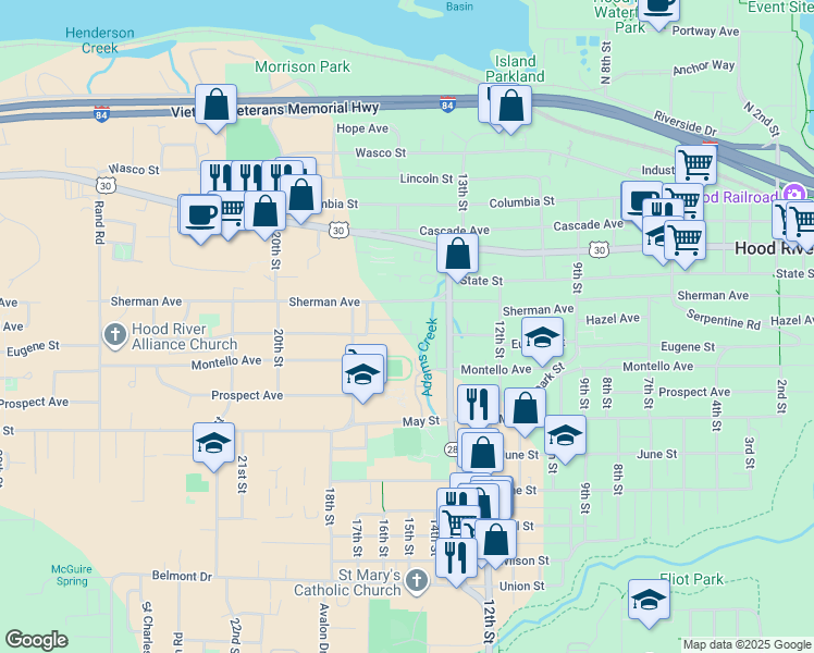 map of restaurants, bars, coffee shops, grocery stores, and more near 1422 Eugene Street in Hood River