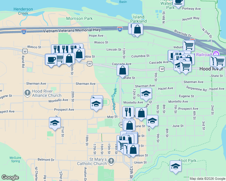 map of restaurants, bars, coffee shops, grocery stores, and more near 430 13th Street in Hood River