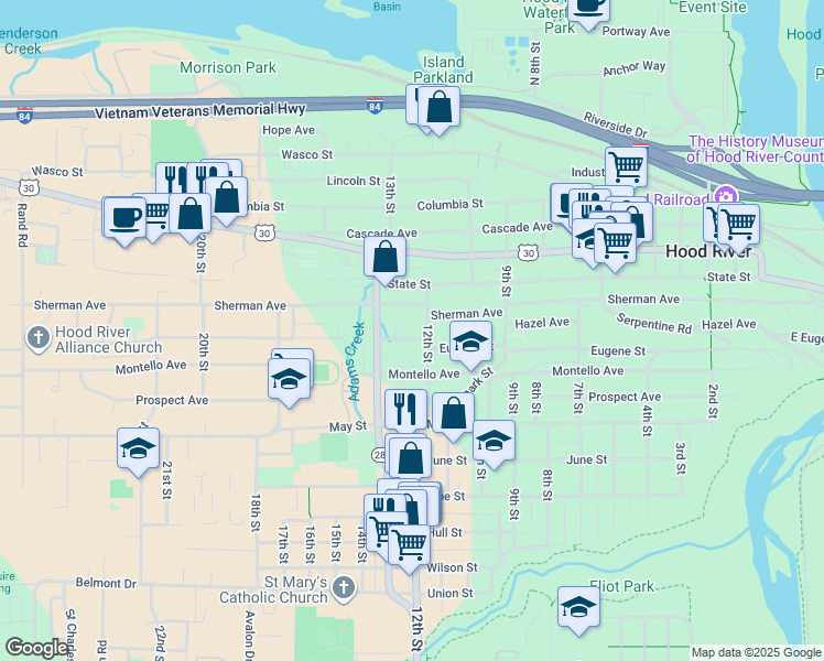map of restaurants, bars, coffee shops, grocery stores, and more near 1216 Eugene Street in Hood River
