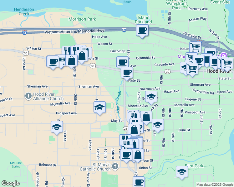 map of restaurants, bars, coffee shops, grocery stores, and more near 430 13th Street in Hood River