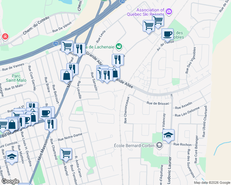 map of restaurants, bars, coffee shops, grocery stores, and more near 936 Rue Sarrazin in Terrebonne