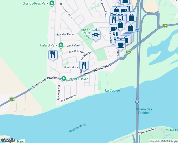 map of restaurants, bars, coffee shops, grocery stores, and more near 4369 Chemin Saint-Charles in Terrebonne