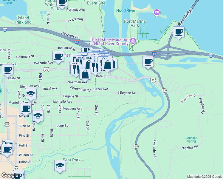 map of restaurants, bars, coffee shops, grocery stores, and more near 10 Eugene Street in Hood River