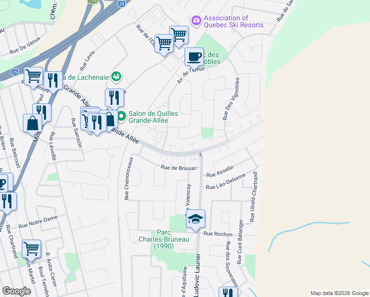 map of restaurants, bars, coffee shops, grocery stores, and more near 1612 Grande Allée in Terrebonne