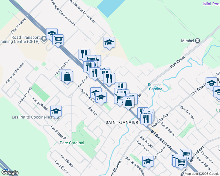 map of restaurants, bars, coffee shops, grocery stores, and more near 13955 Boulevard Curé-Labelle in Mirabel