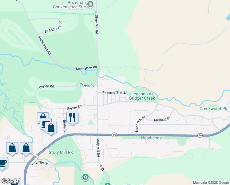 map of restaurants, bars, coffee shops, grocery stores, and more near 1255 Pinnacle Star Street in Bozeman