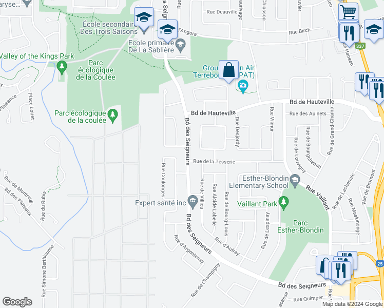 map of restaurants, bars, coffee shops, grocery stores, and more near 1529 Boulevard des Seigneurs in Terrebonne