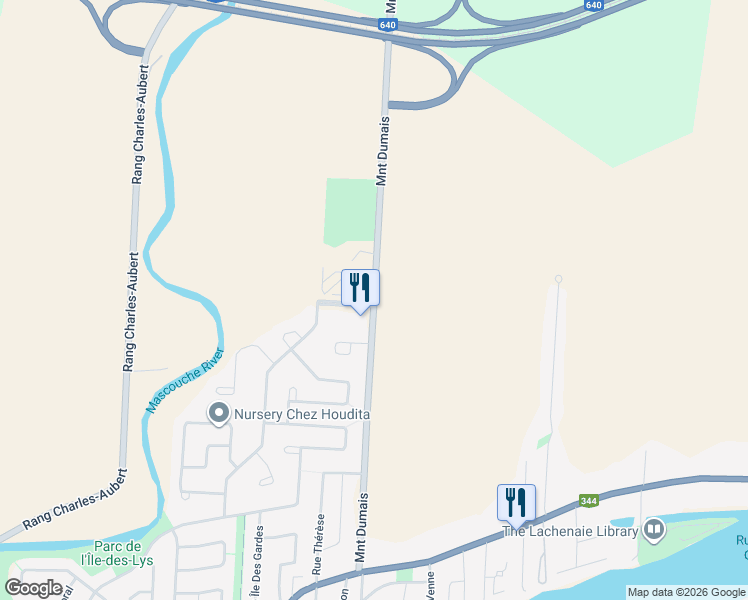map of restaurants, bars, coffee shops, grocery stores, and more near Montée Dumais in Terrebonne