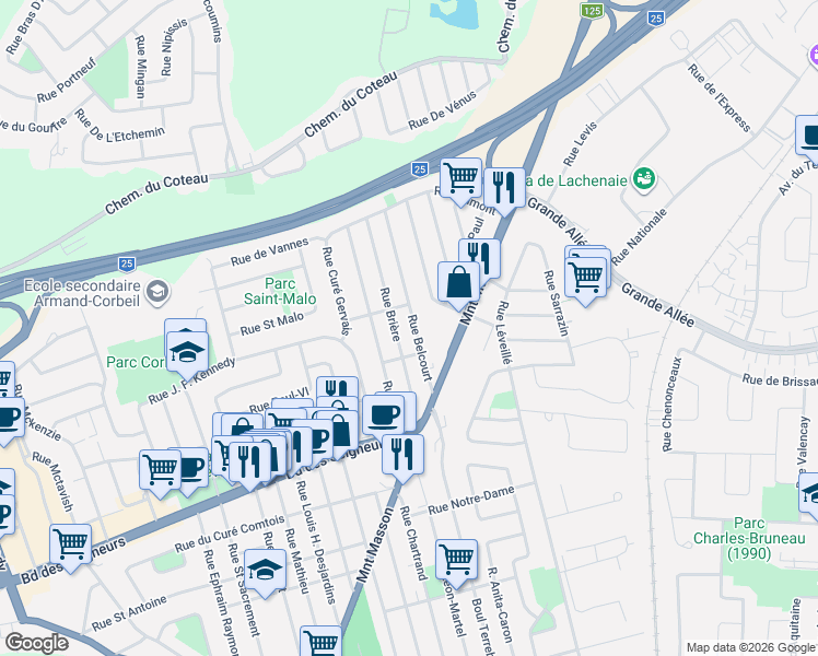 map of restaurants, bars, coffee shops, grocery stores, and more near 1204 Rue Belcourt in Terrebonne