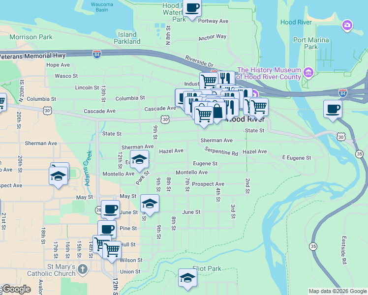 map of restaurants, bars, coffee shops, grocery stores, and more near 516a Eugene Street in Hood River