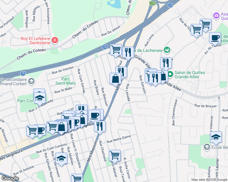 map of restaurants, bars, coffee shops, grocery stores, and more near 840 Montée Masson in Terrebonne