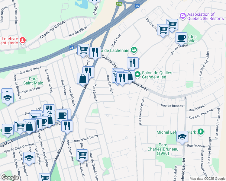 map of restaurants, bars, coffee shops, grocery stores, and more near 1187 Rue Sarrazin in Terrebonne