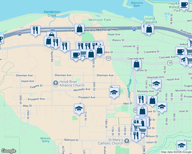 map of restaurants, bars, coffee shops, grocery stores, and more near 1827 Sherman Avenue in Hood River