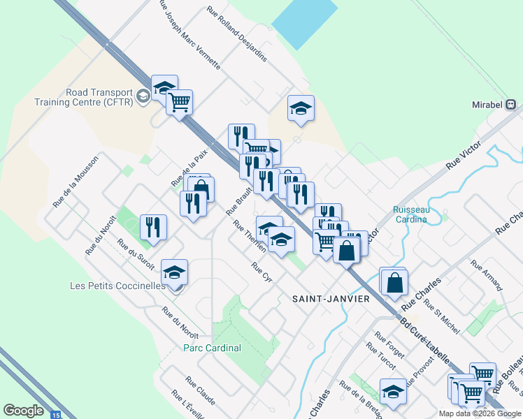 map of restaurants, bars, coffee shops, grocery stores, and more near 14025 Place Bélisle in Mirabel