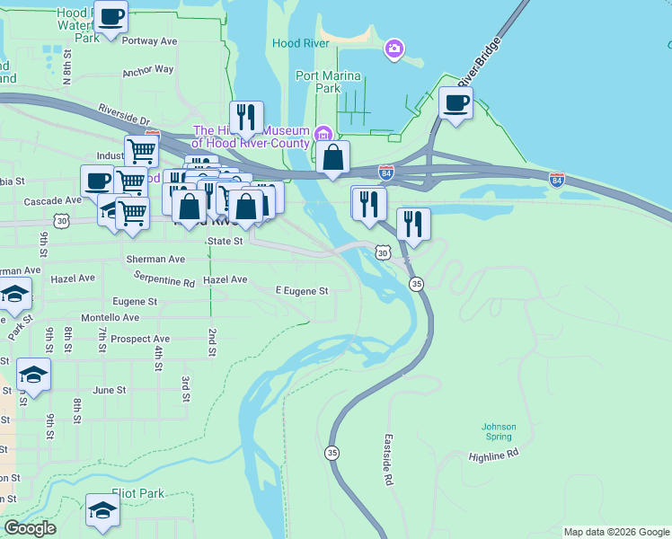 map of restaurants, bars, coffee shops, grocery stores, and more near 407 East Eugene Street in Hood River