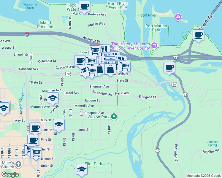 map of restaurants, bars, coffee shops, grocery stores, and more near 301-309 State Street in Hood River