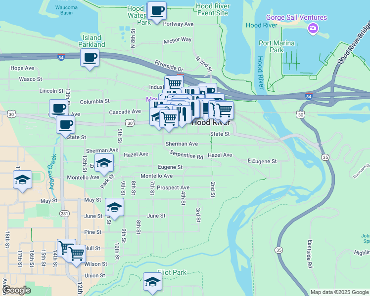 map of restaurants, bars, coffee shops, grocery stores, and more near 419 State Street in Hood River