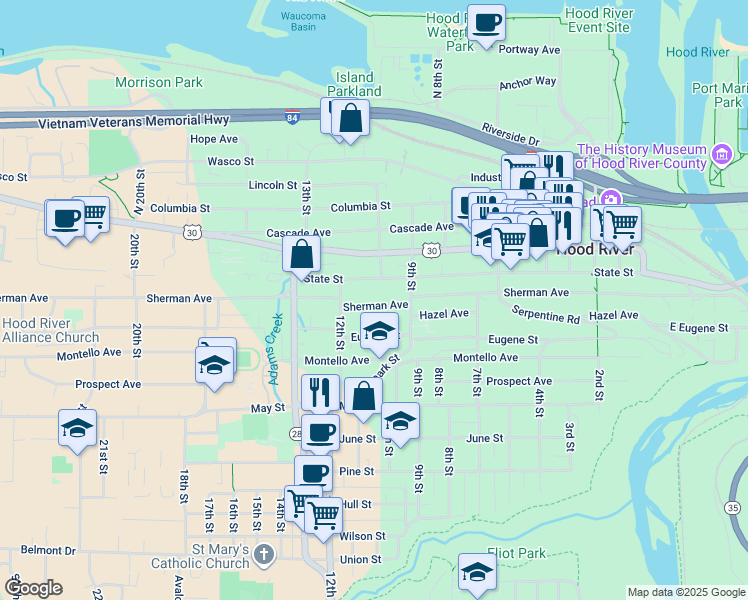map of restaurants, bars, coffee shops, grocery stores, and more near 1006 Sherman Avenue in Hood River