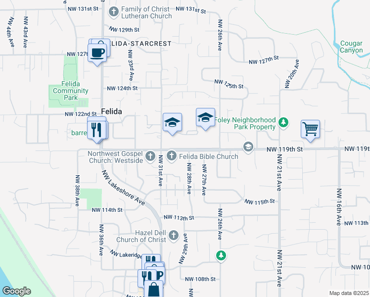 map of restaurants, bars, coffee shops, grocery stores, and more near 3000 Northwest 119th Street in Vancouver