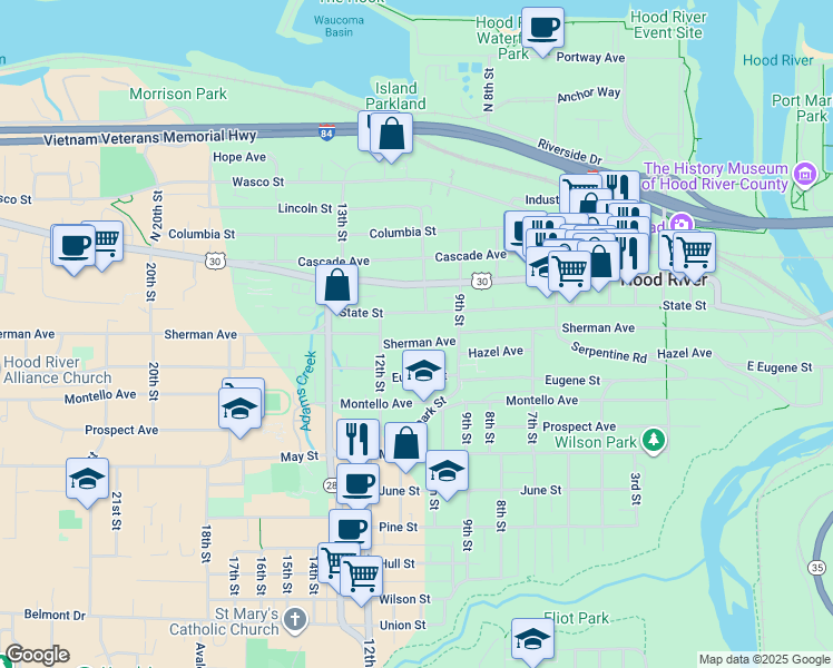 map of restaurants, bars, coffee shops, grocery stores, and more near 1006 Sherman Avenue in Hood River
