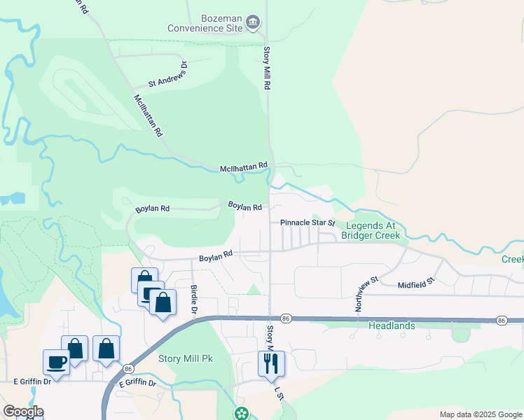 map of restaurants, bars, coffee shops, grocery stores, and more near 1200-1234 Story Mill Road in Bozeman