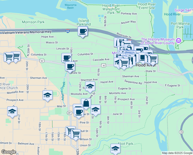 map of restaurants, bars, coffee shops, grocery stores, and more near 318 9th Street in Hood River