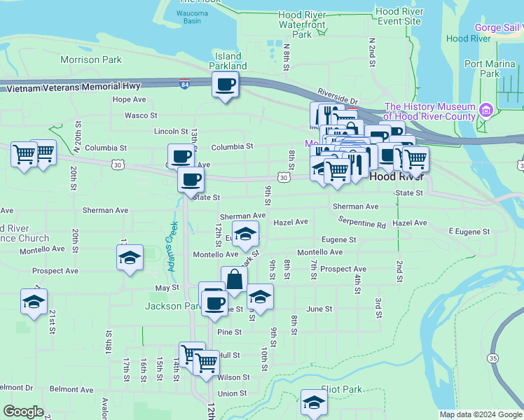 map of restaurants, bars, coffee shops, grocery stores, and more near 318 9th Street in Hood River