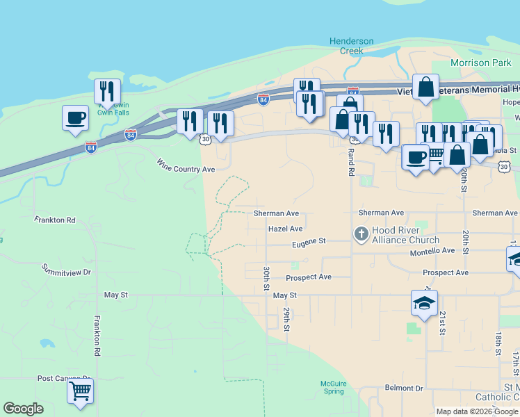 map of restaurants, bars, coffee shops, grocery stores, and more near 3008 Sherman Avenue in Hood River