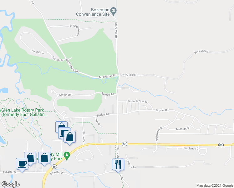 map of restaurants, bars, coffee shops, grocery stores, and more near 1200 Story Mill Road in Bozeman