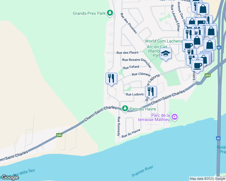 map of restaurants, bars, coffee shops, grocery stores, and more near 61 Croissant du Sillon in Terrebonne