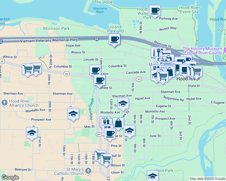 map of restaurants, bars, coffee shops, grocery stores, and more near 1029 State Street in Hood River