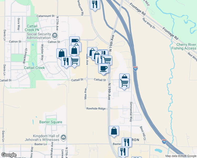 map of restaurants, bars, coffee shops, grocery stores, and more near 2200 Max Avenue in Bozeman