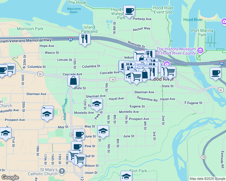 map of restaurants, bars, coffee shops, grocery stores, and more near 814 State Street in Hood River