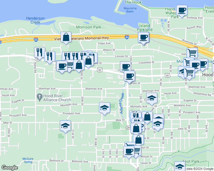 map of restaurants, bars, coffee shops, grocery stores, and more near 1516 Sherman Avenue in Hood River