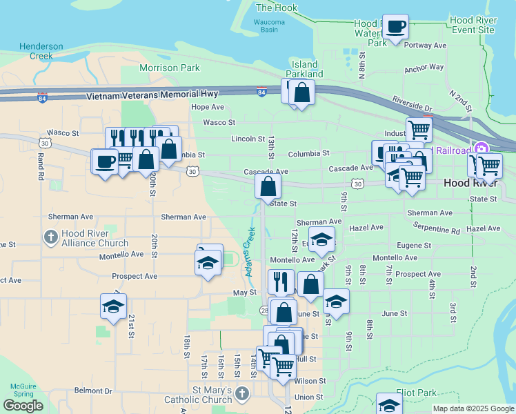 map of restaurants, bars, coffee shops, grocery stores, and more near 224 13th Street in Hood River