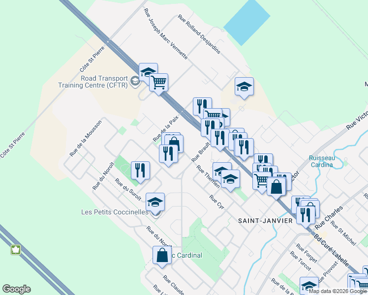 map of restaurants, bars, coffee shops, grocery stores, and more near 14019 Rue Therrien in Mirabel