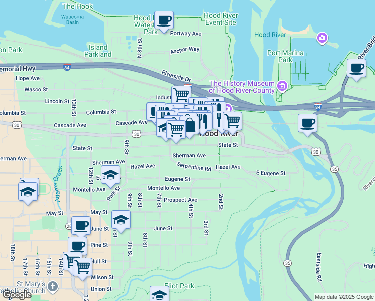 map of restaurants, bars, coffee shops, grocery stores, and more near 419 State Street in Hood River