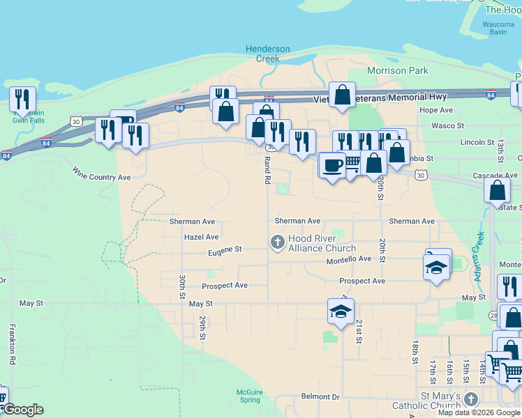 map of restaurants, bars, coffee shops, grocery stores, and more near 1020 Rand Road in Hood River