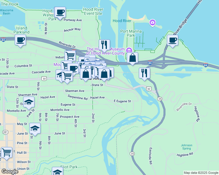 map of restaurants, bars, coffee shops, grocery stores, and more near 23 East State Street in Hood River