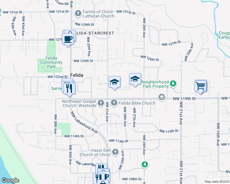 map of restaurants, bars, coffee shops, grocery stores, and more near 3000 Northwest 119th Street in Vancouver