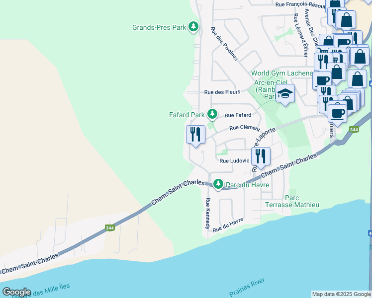 map of restaurants, bars, coffee shops, grocery stores, and more near 320 Avenue des Grands-Prés in Terrebonne